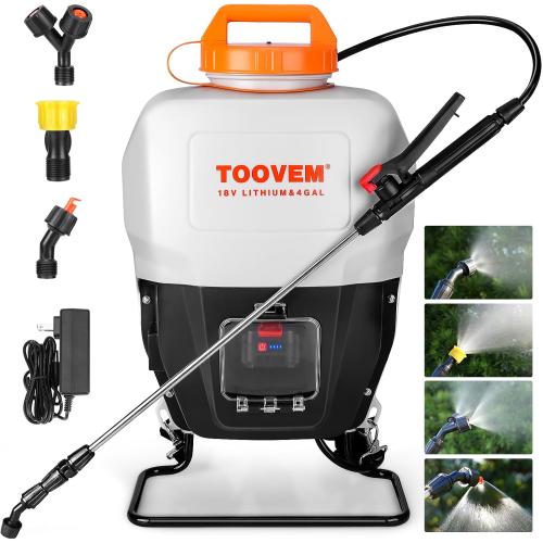 Toovem 4 Gallon Battery Powered Backpack Sprayer - Electric Garden Sprayer with 18V Strong Battery, Automatic Pressurization, 4 Nozzles, Comfortable Design for Lawn, Garden, Farms & Orchards Spraying