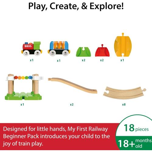 BRIO My First Railway Beginner Pack - 18-Piece FSC-Certified Wood Train Set - Compatible with All BRIO Sets - Includes Rainbow Bridge & Rattle Wagon - Safe Play - Toddlers Ages 18 Months & Older