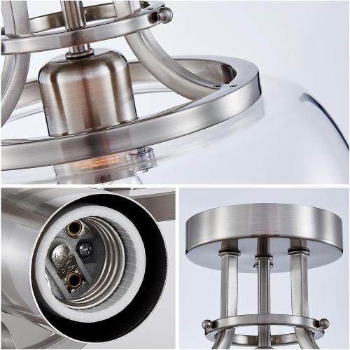 WUZUPS Chandelier Rustic Farmhouse Industrial Round Semi-flushmount Ceiling LED Light Fixture with Clear Glass Shades for Bathroom Kitchen Foyer Entryway, H 10 x W 10, E26 Base, Brushed Nickel