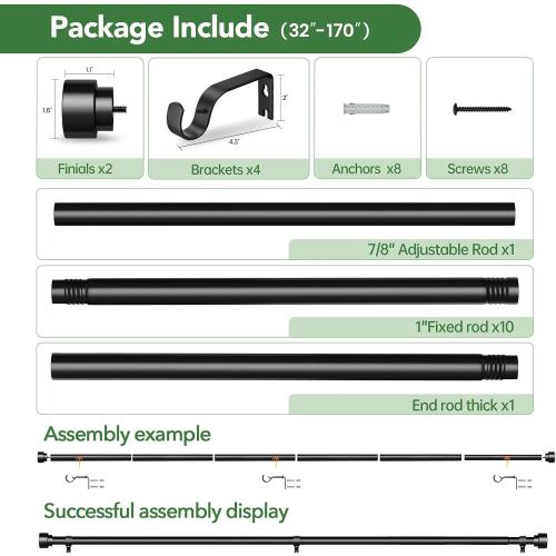 Time Forest Curtain Rods for Windows 32 to 170, 1 Inch Adjustable Black Heavy Duty Long Window Outdoor Curtain Rod for Patio, Modern Drapery Rods with Simple End Caps, Size 32-170
