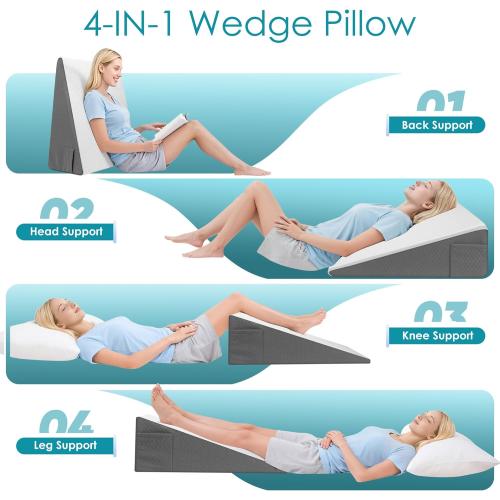 Sleeping Bed Wedge Pillow for Adults Seniors, 10 inch Cooling Memory Foam Incline Pillow Wedge for Head, Neck & Back Support and Leg Elevation, Removable Washable Cover, White