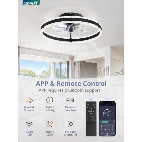 LEDIARY Ceiling Fans with Lights and Remote, 20'' Low Profile Ceiling Fan with Light, 3000-6000K Dimmable Fandelier Ceiling Fans, Modern Flush Mount Fan Light for Bedroom with 6 Wind Speeds- Black