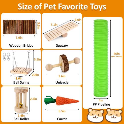 VESPRO Hamster Toys Set, Guinea Pig Toys Small Animal Chewing Toy and Rat Cage Accessories, Chinchillas, Gerbils, Rats, Rabbit Rodents Teeth Care, Apple Wood Timothy Hay Mouse Toy Swing Seesaw Bridge