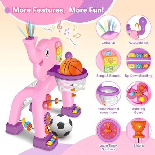 Shemira Toddler Basketball Hoop & Soccer Goal Activity Center Toys with Light & Music,Elephant Toddlers Musical Toys Gift, Baby & Toddlers Christmas Birthday Gift for 1 2 3 Year Old Boys & Girls