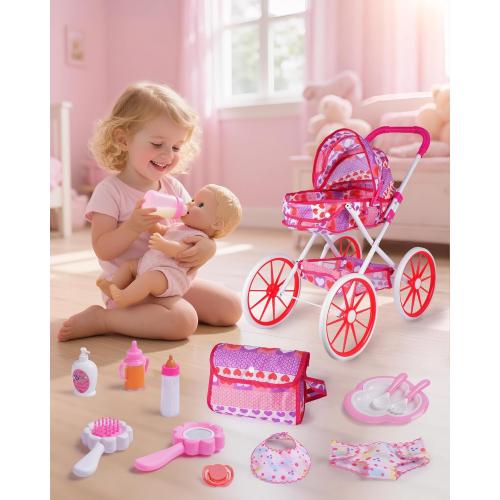 BABESIDE 10 Pcs Baby Doll Stroller Set with Feeding Doll Accessories, Baby Doll Stroller Toys for 12 Inch Dolls, Pretend Play Feeding Toy (Doll Not Included)