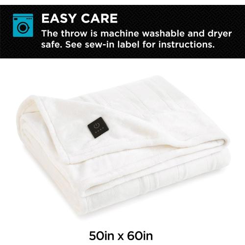 Brookstone Electric Heated Plush Throw - Heated Blankets - 4 Heat Settings, 4-Hour Auto Shut Off, 100% Polyester, 50x60 - Ivory