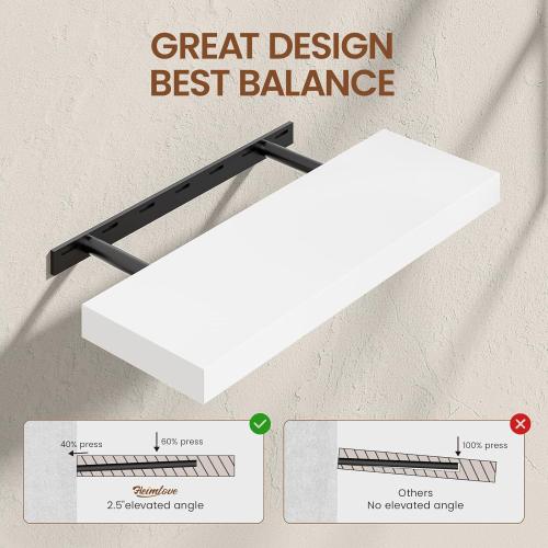Heimlove Wooden Floating Shelves for Wall, White Pine Shelves Set of 2, 24 in Rustic Wood 8 Inch Deep Floating Shelf with Invisible Brackets for Bedroom Kitchen Living Room - Classic White