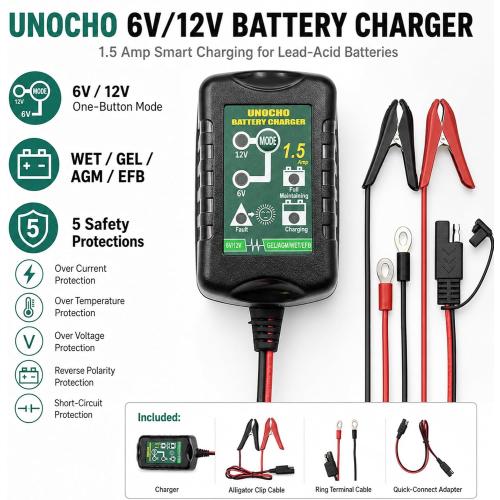 Unocho 6V/12V Battery Charger Maintainer 1.5A Automatic Trickle Charger Smart Float Charger for Car Motorcycle Lawn Mower Boat ATV Snowmobile Lead-Acid AGM GEL SLA VRLA WET Batteries