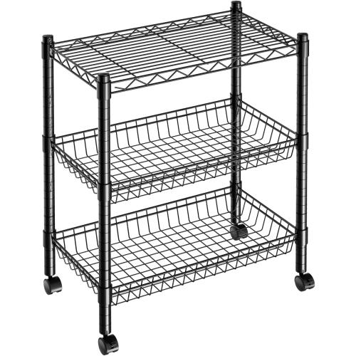 3 Tier Rolling Cart Service Cart Wire Basket Shelf Storage Trolley Shelf 2 Bottoms for Choose(Castor or Leveling Feet) for Office,Kitchen,Black(23.23 L x 13.11 W x 32.28 H)
