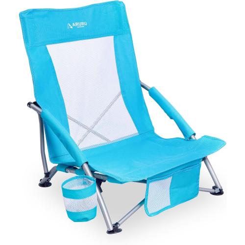 Low Folding Beach Chairs for Adults, Portable Lightweight Sling Beach Camping Chair with Cup Holder,Armrest,Foldable Camp Lawn Chair for Outdoor Sand Concert Travel Sport Events