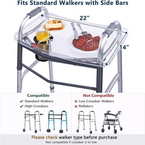 BAGSFY Clear Walker Tray Table with Cup Holder, Non-Slip Food Tray, Fits Standard Folding Walkers with Side Bars, Walker Accessories for Seniors, Supports Up to 10 lbs