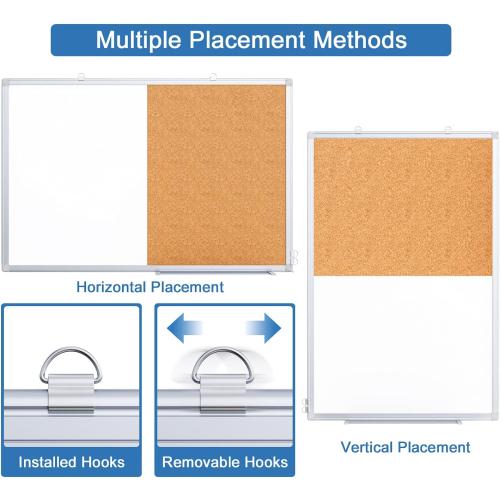 Magnetic White Board and Cork Board Combo, 36 X 24 inches Whiteboard Bulletin Combination Board, Wall Mounted Dry Erase Message Board for Home, School and Office