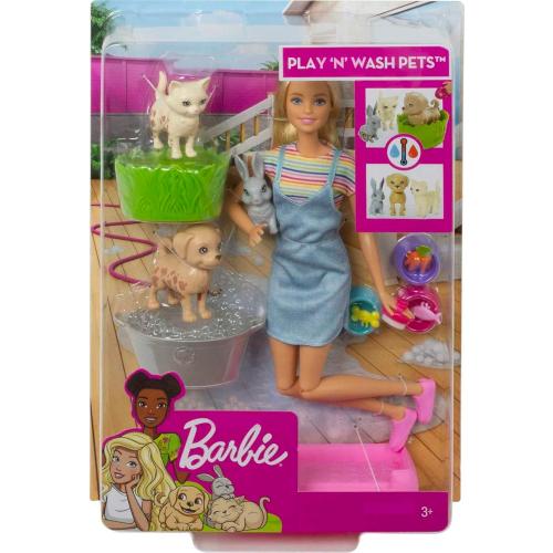 Barbie Play 'n Wash Pets Playset with 3 Color-Change Animals & 10 Toy Accessories, Blonde Fashion Doll with Blue Eyes