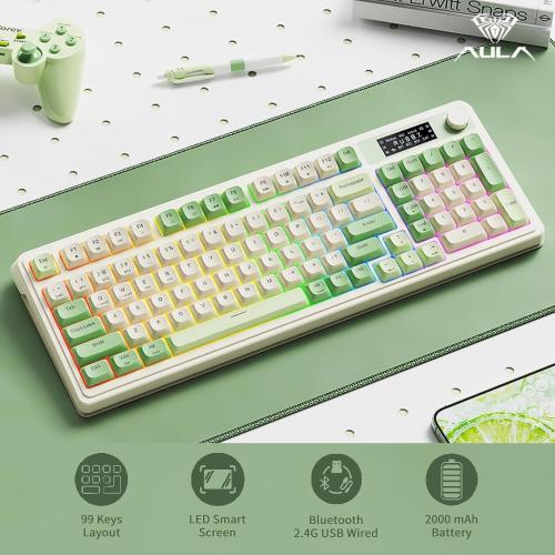 AULA S99 Pro Wireless Keyboard, Display Screen & Media Knob, Tri-Mode Bluetooth/2.4G/USB-C RGB Creamy Gaming Keyboard with Number Pad Macro Keys, Custom Computer Keyboards for Laptop PC Gamer - Green