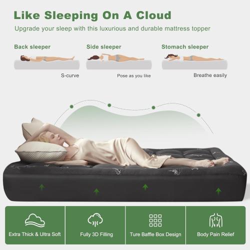 Extra Thick Mattress Topper, Down Alternative Fill, Medium-Soft Plush, 8-21 Inch Deep Pocket, Machine Washable (Black, Queen(60*80))