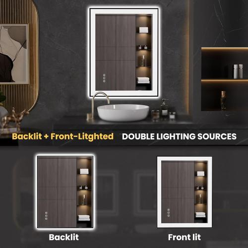 LOAAO 24X36 LED Bathroom Mirror Black Framed, Anti-Fog, Dimmable, Lighted Bathroom Vanity Mirror for Wall, Memory Function, Tempered Glass