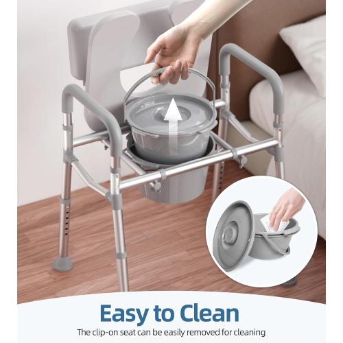 Bedside Commode with Padded Seat and Backrest, Aluminum Commode Toilet with Bucket, Easy Cleaning Portable Toilet for Adults and Seniors, 350 lb Capacity Enhanced Crossbar