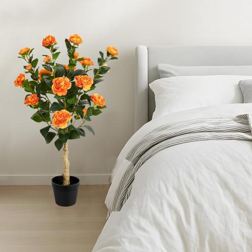 3FT Artificial Camellia Tree, 2 Pack Fake Camellia Tree Artificial Tree, Faux Floral Plants in Cement Pot, Greenery Potted Plant for Indoor Outdoor Home Office Porch Decor (Orange)