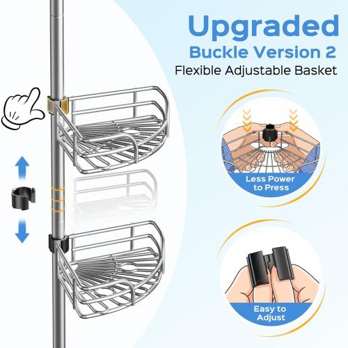 HAMITOR Corner Shower Caddy Tension Pole, Space-saving Bathtub Shelves | Adjustable No-Drill 47-123 In Rod, Large Capacity Bathroom Rack, Toiletries Storage, Home Restroom Organizer, Silver Gray