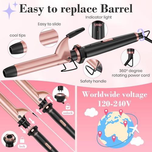 Ufree 3 in 1 Curling Iron, Curling Wand Set with Thermal Brush Flat Iron Hair Straightener, Dual Voltage Wand Curler, Instant Heat Up Hair Curler, Include Protective Glove 2 Clips, Gifts for Women