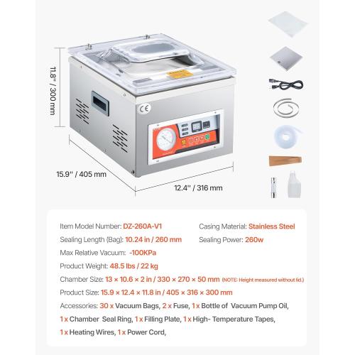 VEVOR Chamber Vacuum Sealer, DZ-260A 6.5 cbm/h Pump Rate, Excellent Sealing Effect with Automatic Control, 110V/60Hz Professional Foods Packaging Machine Used for Fresh Meats (260W)