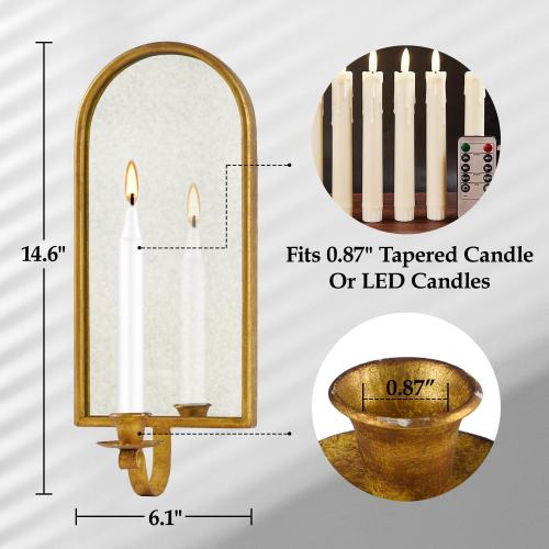 NIKKY HOME Gold Wall Candle Sconces Set of 2, Antique Mirrored Wall Taper Candle Holder - Vintage Elegant Metal Hanging Candlestick for Living Room, Bathroom, Dining Room and Office