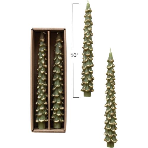 Creative Co-Op Golden-Tipped Elegance Tree Shaped Taper Candles, Evergreen, Set of 2