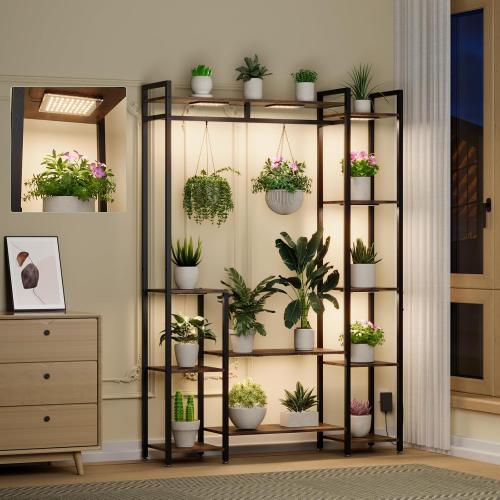 Plant Stand Indoor with Grow Lights 11 Tiered Wood Indoor Plant Shelf 62 Tall Plant Stand Metal Frame for Indoor Plants Multiple Flower Pot Holder, Large Plant Rack for Living Room Patio Corner