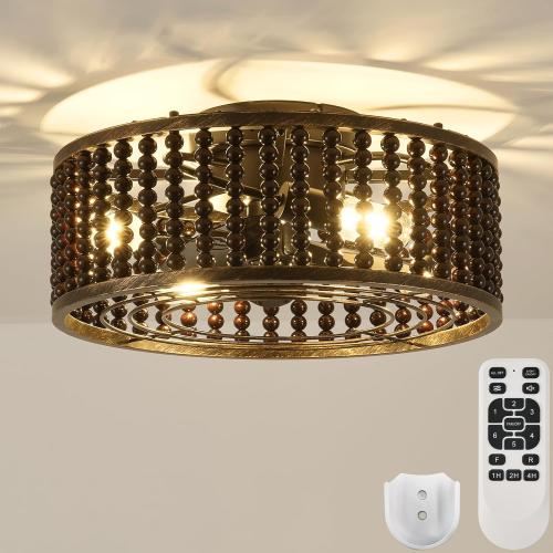 Ceiling Fans with Lights and Remote - Bulbs Included, Caged Fandelier with Handcrafted Beaded Décor 19 inches Reversible Flush Mount Installation Ceiling Fan, Gloss Black