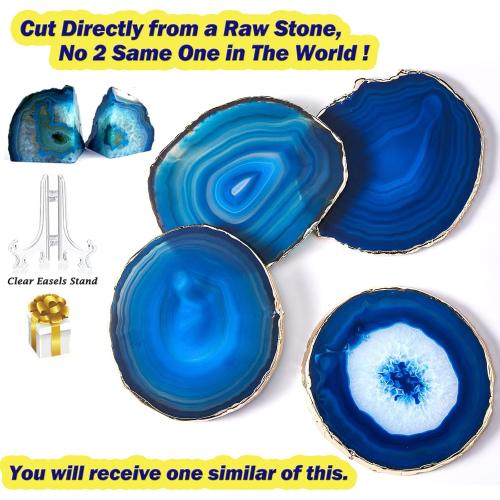Set of 4 Color Blue Blue Agate Coasters Set of 4,Brazilian Geode Coasters for Drinks with Gold Rim(4-3.5),Natural Gem Stone Coasters Blue,Gemstone Cup Mat for Home Decor by Yougoals(4)