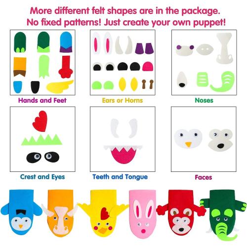 WATINC 6Pcs Hand Puppet Making Kit, Art Craft Felt Sock Puppet Toys, Creative DIY Make Your Own Pompoms Wiggle Googly Eyes Storytelling Role Play Party Supplies Gift for Girls Boys (Animals)
