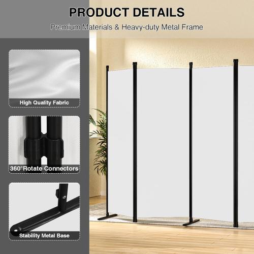 White Room Divider 4-Panel Privacy Screen with 3 Support Foot, Portable Screen Steel Frame with Hook&Loop for Home, Office, Classroom, Studio, Meeting (White)