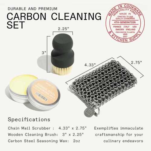 Made In Cookware | 3-Piece Carbon Steel Cleaning Set | Includes Chain Mail Scrubber, Cleaning Brush and Carbon Steel Seasoning Wax