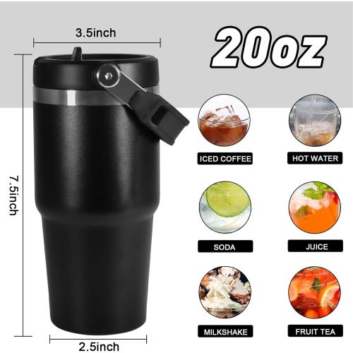 20 oz Tumbler with Handle, Insulated Tumbler with Lid and Flip Straw Leak Proof Double Wall Stainless Steel Vacuum Travel Coffee Mug Insulated Water Bottle Thermal Cup, Cupholder Friendly, Black