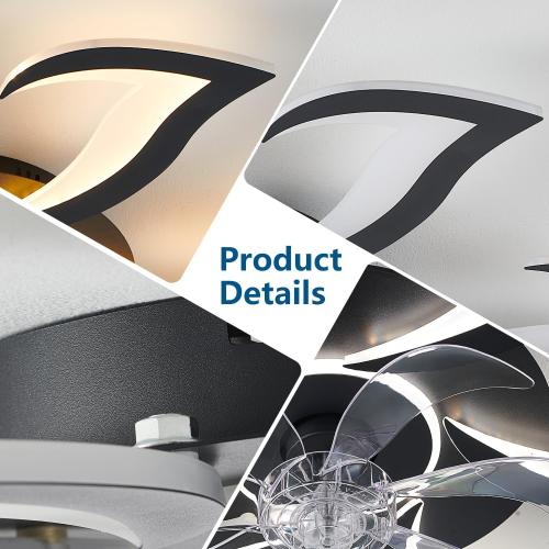 Black Flower Modern Ceiling Fans with Lights, Low Profile Ceiling Fan with Remote for Bedroom, 32inch Flush Mount Ceiling Fan with LED Dimmable Light,6-Speeds, Timing Ceiling Fan Light