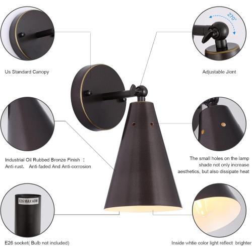 Oil Rubbed Bronze Farmhouse Wall Sconces Set of Two, Rustic Adjustable Interior Sconce Light Fixture Hardwired with Metal Shade,Indoor Industrial Lamp for Hallway,Bedroom,Living Room