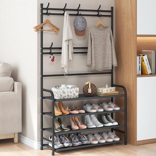 Black H: 61 4 Tier Shoe Rack Coat Rack Shoe Shelf Freestanding with 8 Hooks for Front Door Entryway Bedroom Closet, Black