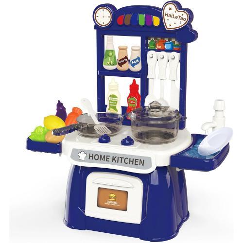 Kitchen Set for Toddler with Sound and Light，Pretend Cooking Food Set,Kids Kitchen Playset，Play Sink with Running Water and Electronic Induction Stove，Kitchen Accessories (Lyons Blue Kitchen)