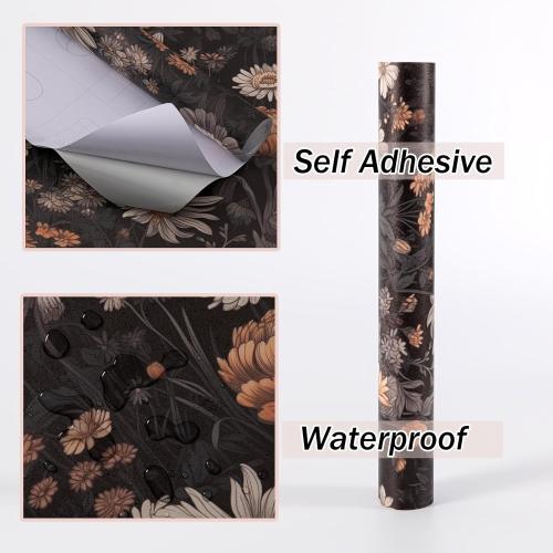 Vintage Floral Peel and Stick Wallpaper Dark Boho Botanical Removable Wallpaper for Renters Thick Waterproof Self Adhesive for Bedroom Bathroom Contact Paper for Home Decor (Black&Golden,15.7x118)