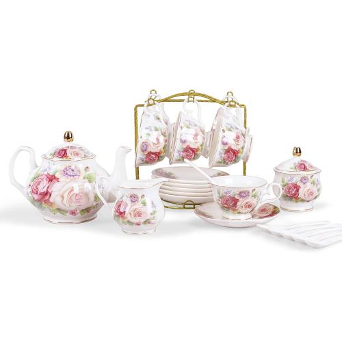 fanquare European Porcelain Coffee Set, Pink Women Tea Set, Bone China Tea Set, Vintage Floral Coffee Tea Pot with Cups