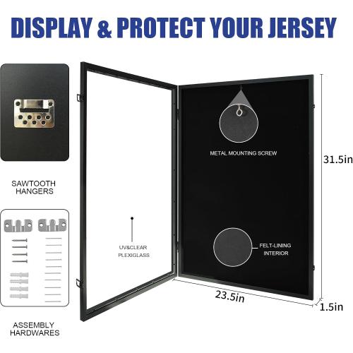 Size Large Color Black Wooden Jersey Frame Display Case 1 Pack, Large Sports Jersey Shadow Box Frame with Hangers for Hockey Football Baseball Basketball Soccer Shirt and Uniform