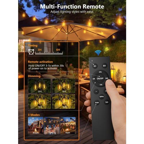 luckystyle 100FT LED Outdoor String Lights with Remote, 35  1 Shatterproof Bulbs Waterproof and Dimmable Patio Lights for Porch, Garden, Backyard, Deck, Balcony, 2700K Hanging Lighting