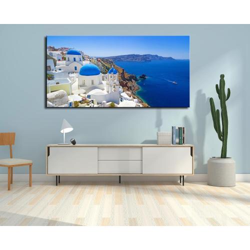 Size 24x48 Large Canvas Print Wall Art Santorini in Greece Painting Wall Decor, Blue Coastal Landscape Artwork Seascape Pictures for Living Room, Bedroom, Office Decoration - 24x48