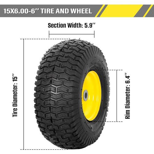 2 PCS Exact Replacement 15x6.00-6 Front Tires and Wheel Assembly for John Deere Riding Mowers, Compatible with John Deere 100 and 300 Series, 3 Offset Hub, 3/4 or 5/8 or 1/2 Bushings