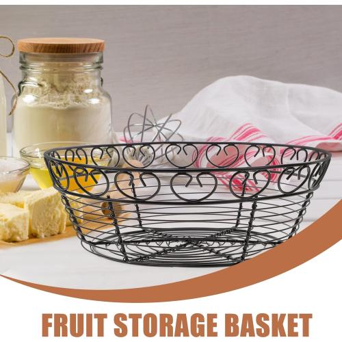 Iron Wire Bread Basket and Fruit Bowl for Kitchen Counter, Black Metal Wire Storage Basket, Round Home Fruit Holder for Table Centerpiece and Serving