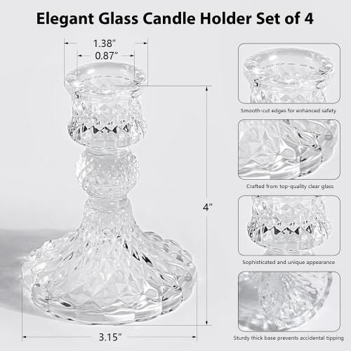 4 Tall Glass Candle Holder Set of 4 Glass Taper Candles Holders for Candlesticks Clear Crystal Candlestick Holders Candle Sticks Holder Decor for Wedding, Birthday, Thanksgiving,Housewarming