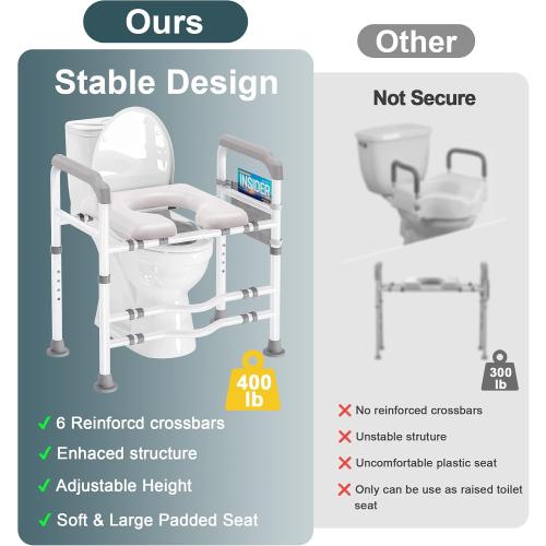 Toilet Seat Risers for Seniors, Adjustable Raised Toilet Seat with Handles, Padded Seat Toilet Seat Riser for Elderly, Heavy Duty, Handicapped 400lb, Fit Any Toilet