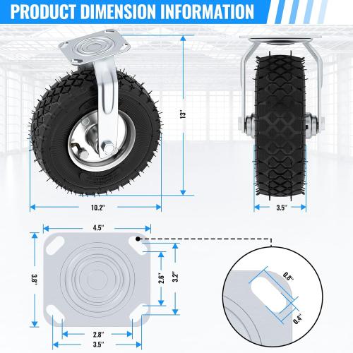10 Inch Pneumatic Casters Set of 4 (2 Swivel/2 Rigid),Heavy Duty Casters,Tolerable 1300 LBS,Rubber Knobby Tread for Workbench, Cart, Trolley,Wagon and Shelves