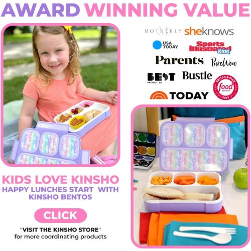 Bento Lunch Box with Insulated Bag, Ice Pack and Bento Accessories for Girls. Snack Containers with 4 Compartment Dividers for Toddlers Pre-School Daycare BPA Free Set, Utensils, Rainbow Unicorn