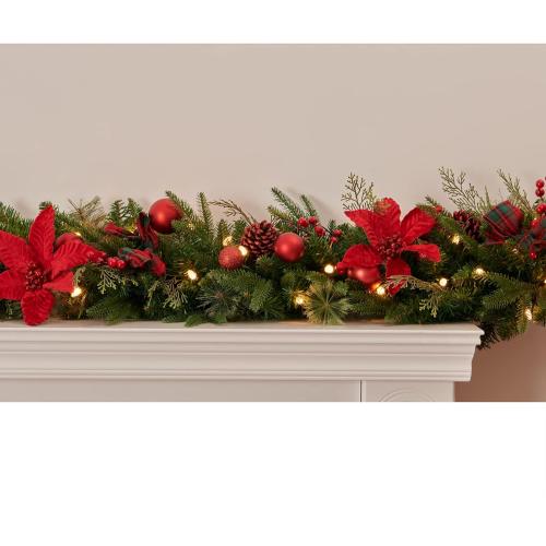 9Ft Red Poinsettias Pre-lit Christmas Garland 70 Lights Plug in,Holiday Decoration Fireplace Stairs Mantle Door Indoor Outdoor